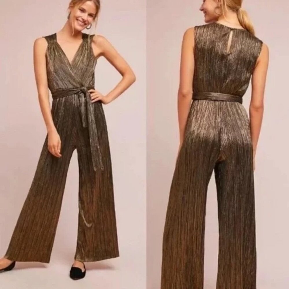 NWOT Vanessa Virginia for Anthropologie Gold Crinkle Metallic Jumpsuit size XS